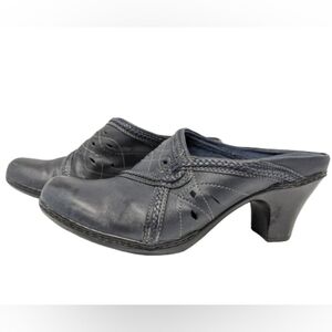 Clarks women's dark blue leather heeled mules